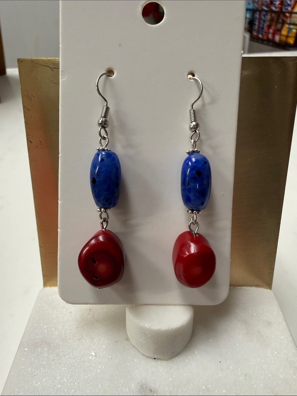 Red Coral Dangle Earrings with Blue beads- for the Independence Day 🇺🇸
